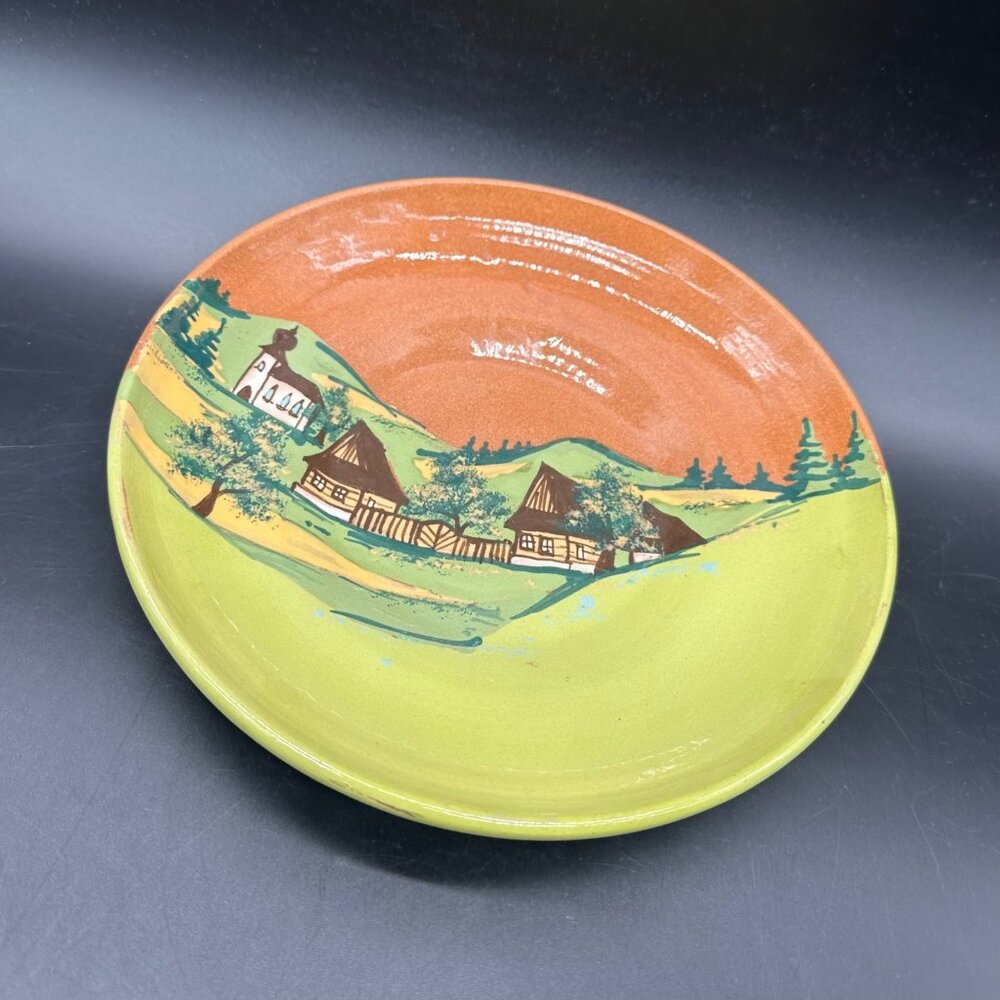 Handmade Art Pottery Dish Wall Hanging Countryside Mountains Church Redware